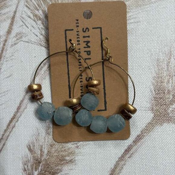 Blue Frosted Sea Glass Beaded Hoop Earrings Gold Accent Boho Coastal - Picture 3 of 3